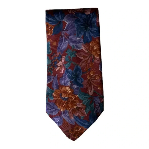 LONDON FOG Neck Tie Multicolored Flowers on Burgundy Background 56" - Picture 1 of 5